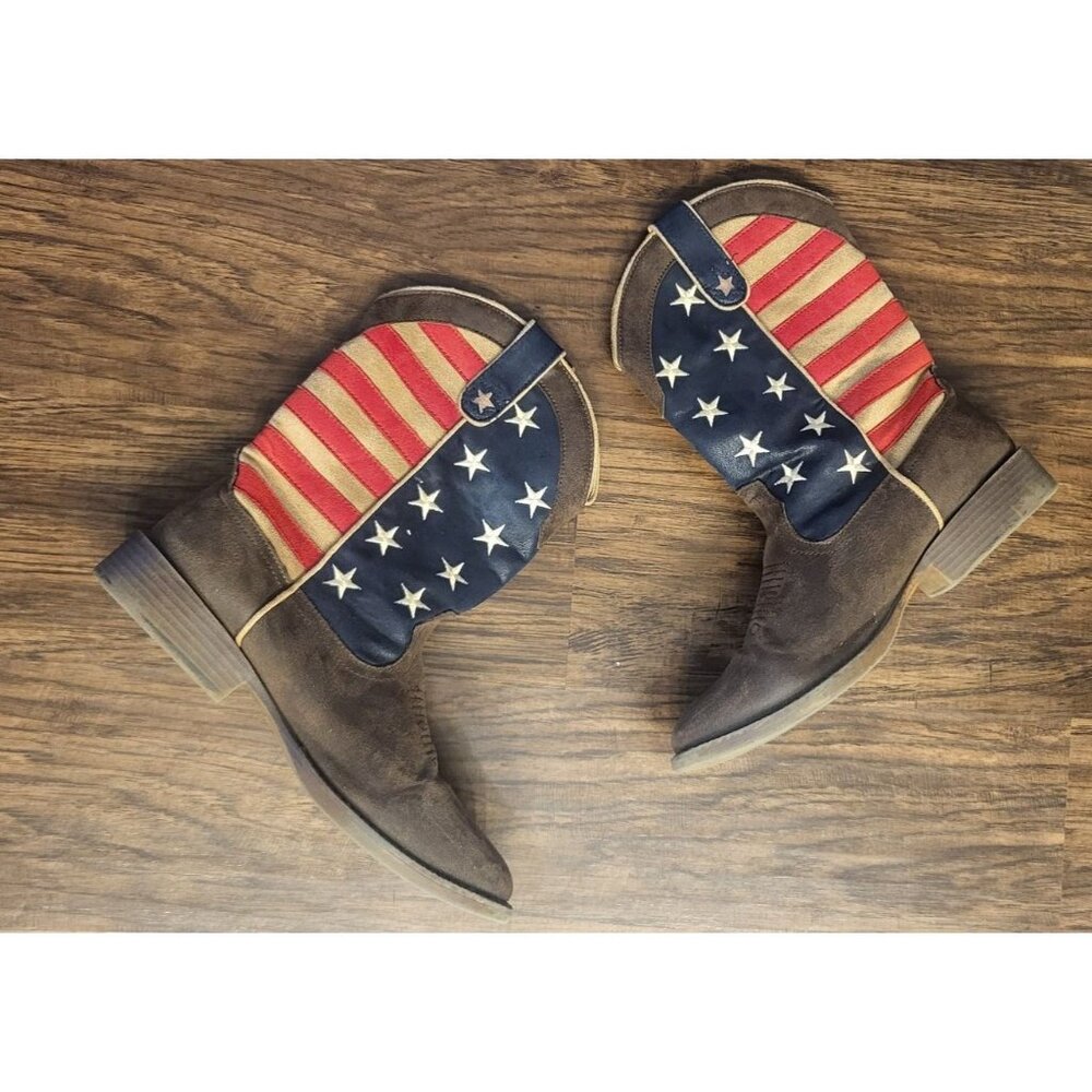 Roper American Patriot Square Toe American Flag Leather Western Pull-on Boot S 8